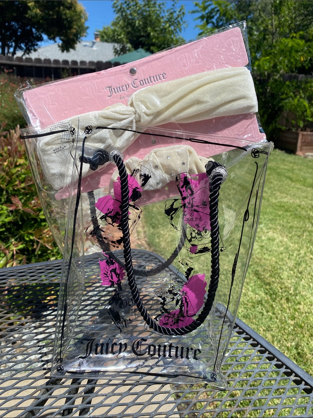 RARE Juicy Couture Clear Tote w/ graphics. Headband and scrunchie included!!